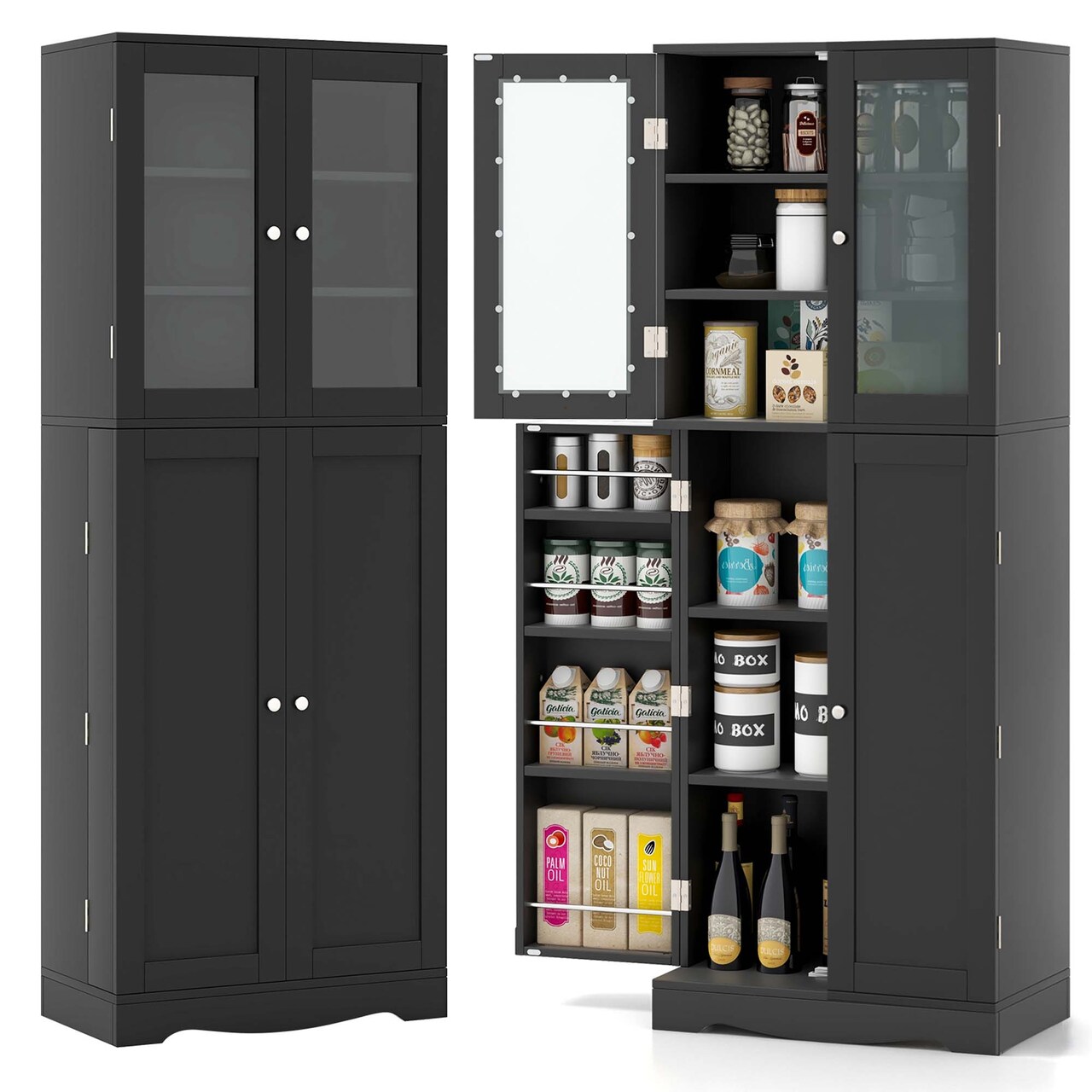 Costway 63.5" Tall Kitchen Pantry Storage Cabinet with Glass Door Storage Shelves Black/White